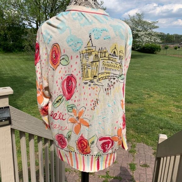 I. E. Woman Sz 1X Cream Button Up Sweater Whimsical Floral Postcard Design (C74) - Picture 8 of 15